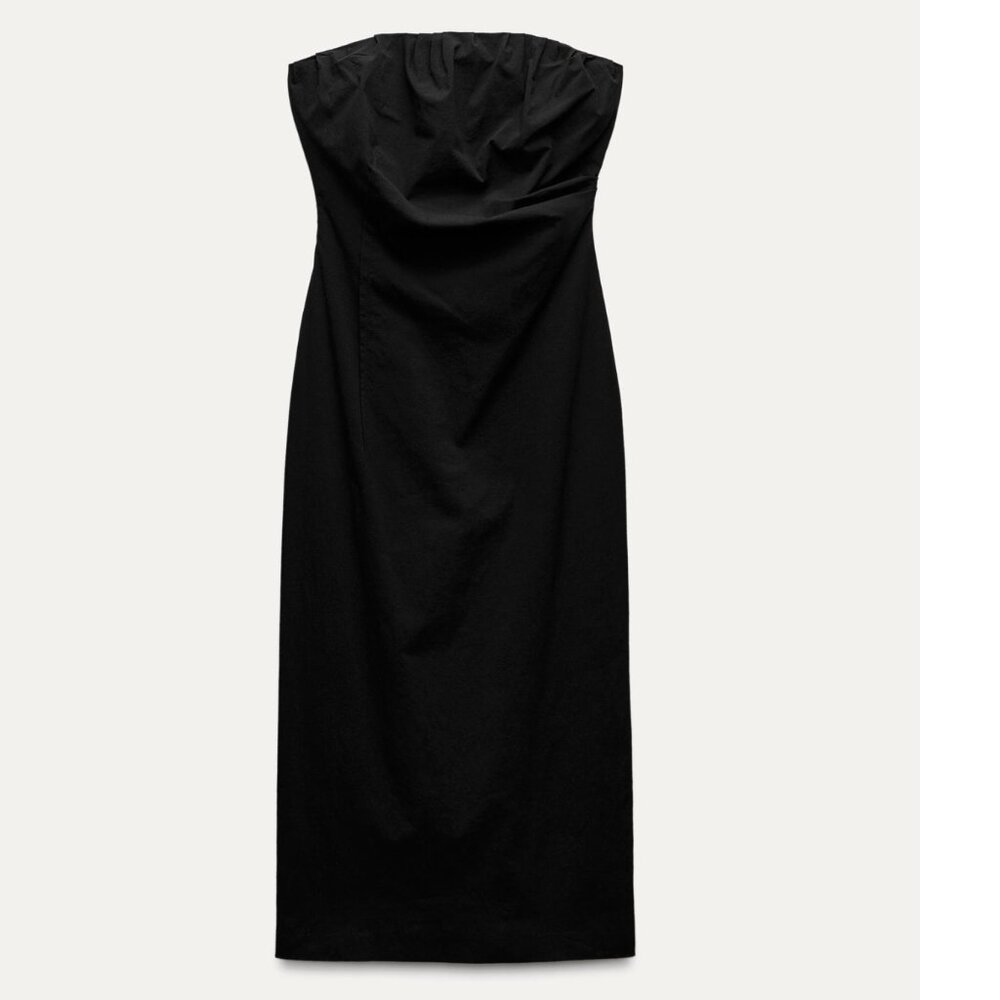 Zara Strapless Gathered Ruched Midi Dress Black Size Medium - Picture 3 of 10